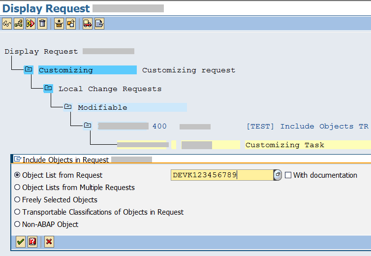 Position the cursor on a modifiable request (Include Object Transport)